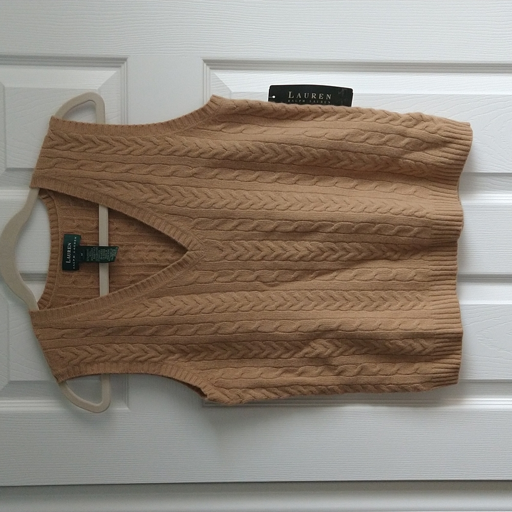Ralph Lauren Cable-Knit V-Neck Sweater Vest in Camel